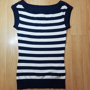 Blue and white striped top.